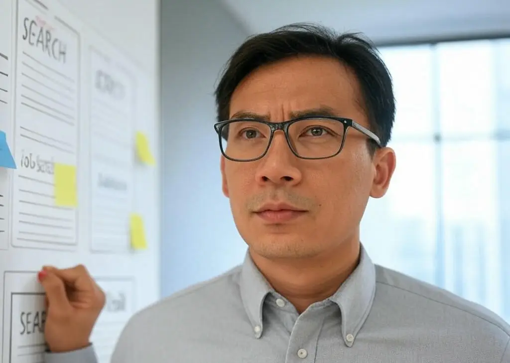 A confident, modern job seeker in professional attire working on a sleek laptop in a bright coworking space with a city skyline visible through large windows